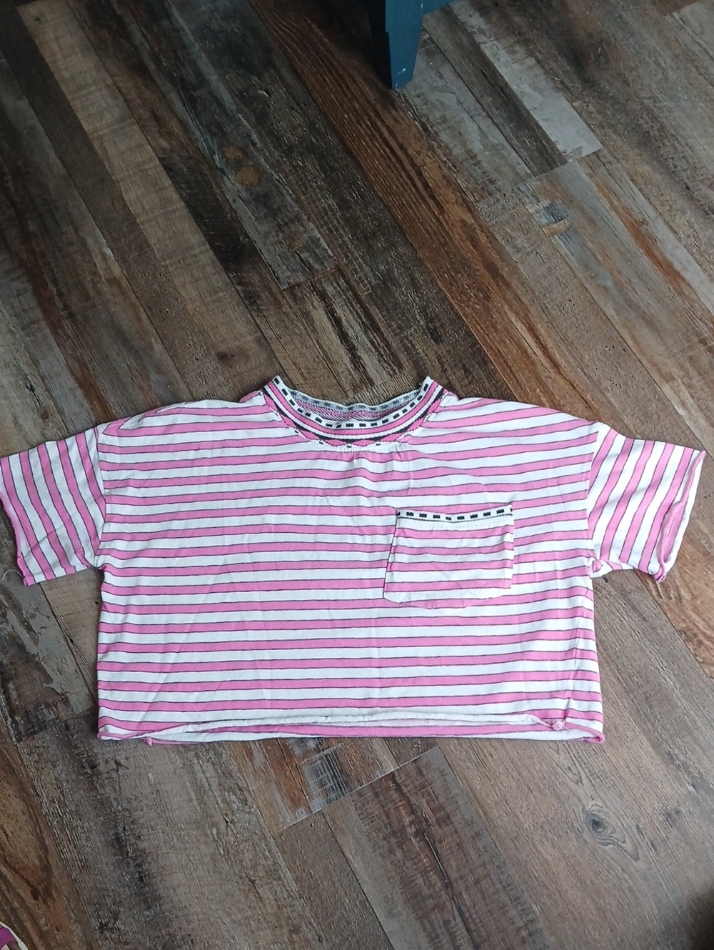 Free People We The Free Pink & White Striped Pocket Cropped Tee